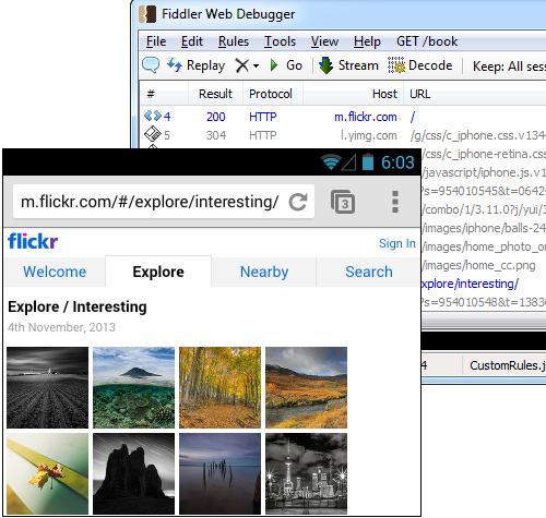 Example screenshot of Android mobile browser and Fiddler proxy