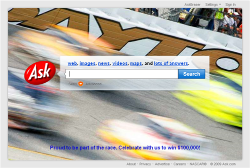 Ask.com screenshot during the 2009 Daytona 500 race