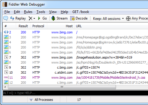 Fiddler Bing.com capture example