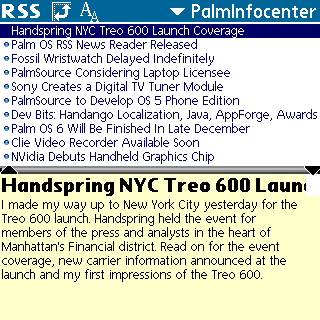 Handheld Headlines/RSS screenshot, Tungsten C, viewing PalmInfocenter's RSS feed