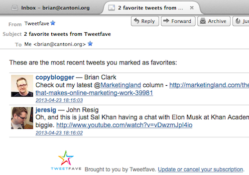 Screenshot of sample Tweetfave email