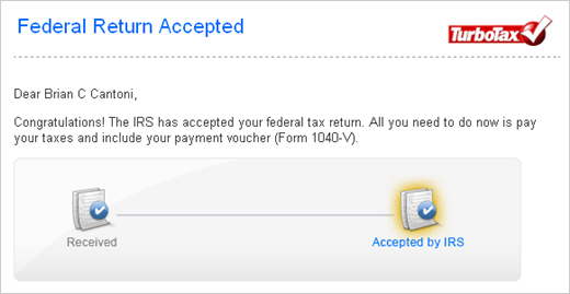 Screenshot of email confirming the IRS has accepted my federal tax return