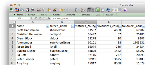 Screenshot of Twitter friends in Excel