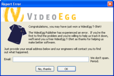 VideoEgg error dialog with an offer for free T-Shirt for helping track down the error