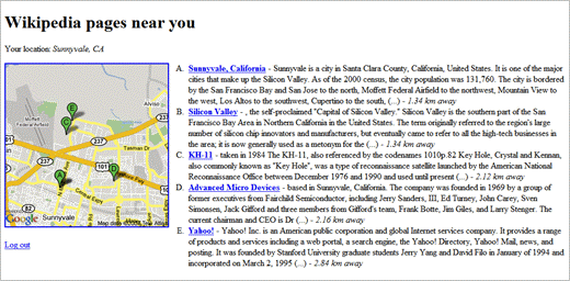 Screenshot of wikinear.com service, using Sunnyvale California as an example