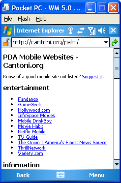 Windows Mobile 5.0 Device Emulator, showing Internet Explorer