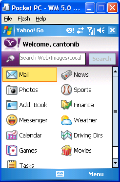 Windows Mobile 5.0 Device Emulator, showing Yahoo! Go