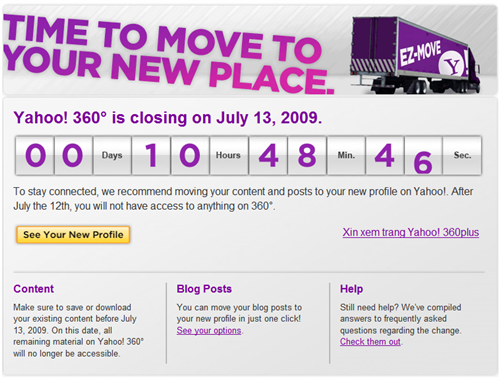 Yahoo! 360 Closure Notice Screenshot