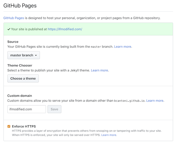 Screenshot of GitHub Pages settings