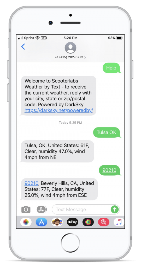 Screenshot of iPhone text messages receiving weather forecasts