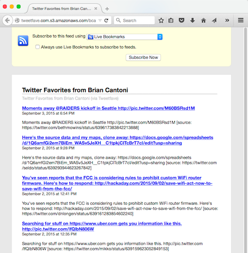 Screenshot of favorites RSS feed in Firefox